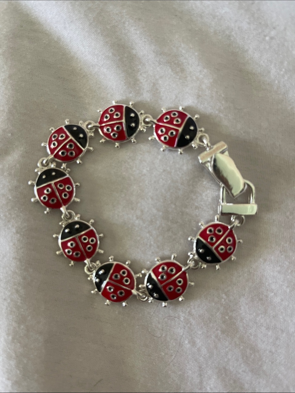 Silver Tone Red and Black Ladybug Link Bracelet - Unbranded